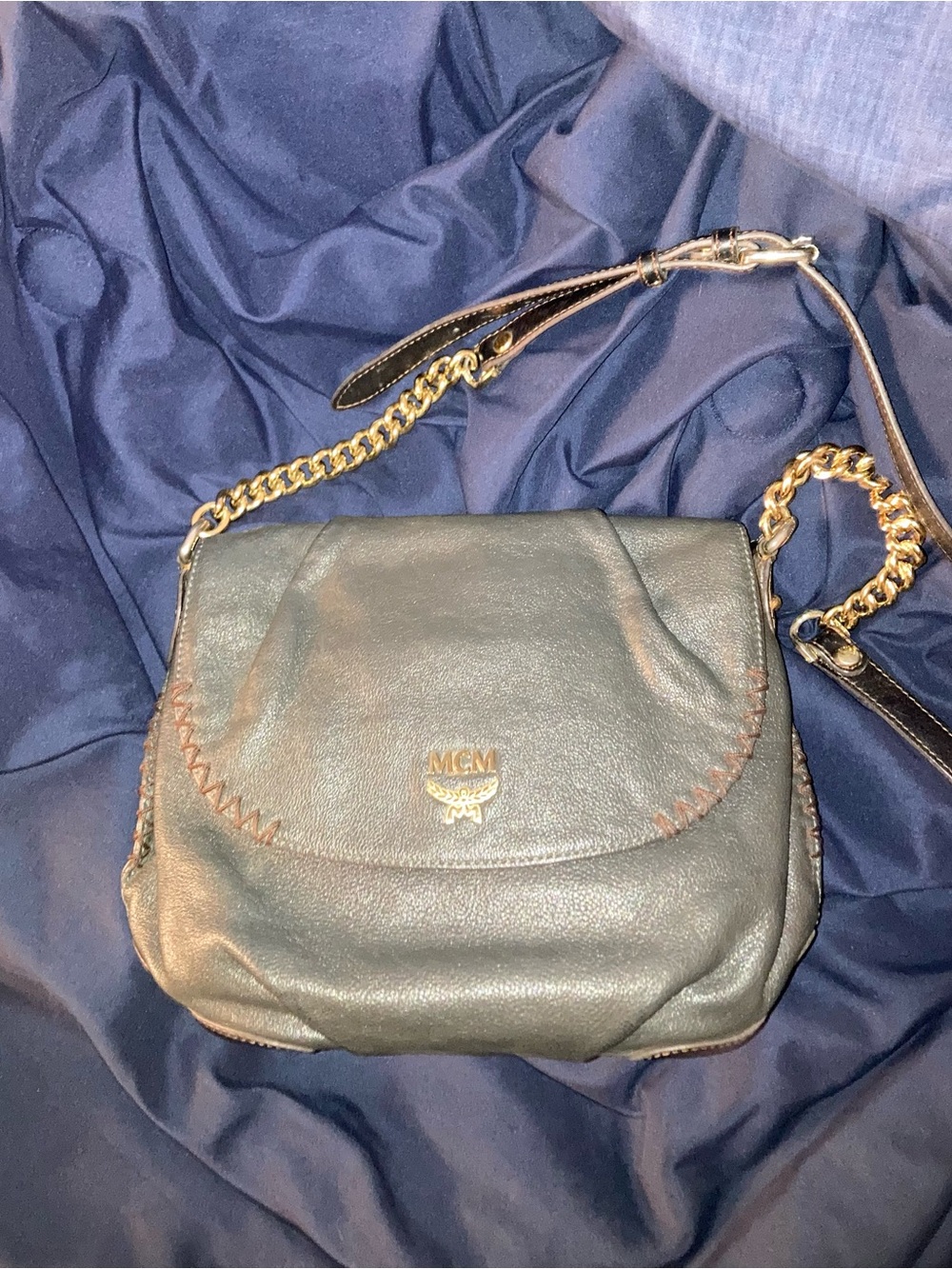 MCM Black Leather Crossbody with Gold Chain Detail